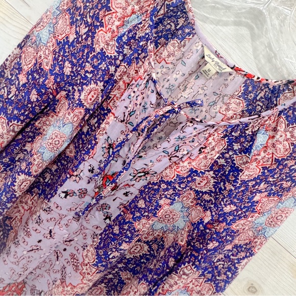 Lucky Brand Blue abstract Tile Print Long Sleeve Boho peasant top ❤️ - Picture 5 of 10